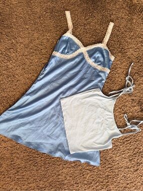 Coquette Blue Satin Lace Slip Dress + White Tie Strap Cami Top 2Pcs Set